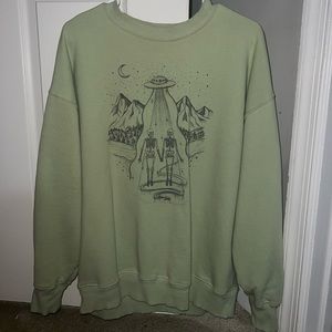 Sage green oversized crew neck ufo abducting skeletons